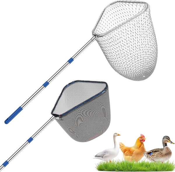 Chicken Catching Net 2 Pcs, Chicken Net for Chicken Supplies, Stainless Steel Poultry Catcher for Catching Small Chicken, Goose, Ducks, Fish, Birds(2 Nets, 1 Pole Included