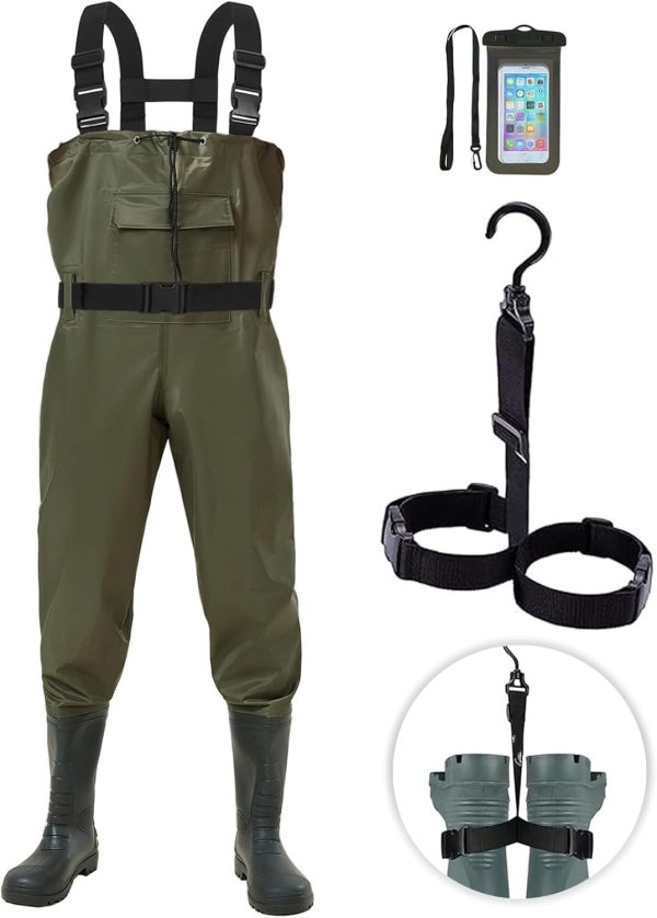 Fishing Chest Waders for Men Nylon PVC Waterproof Fishing Stocking Foot Waders with Boots Hanger and Pockets Green Color