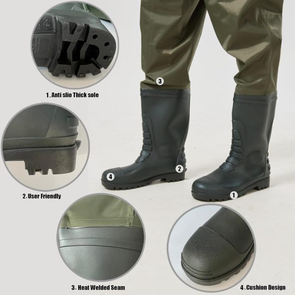 Fishing Chest Waders for Men Nylon PVC Waterproof Fishing Stocking Foot Waders with Boots Hanger and Pockets Green Color - Image 3