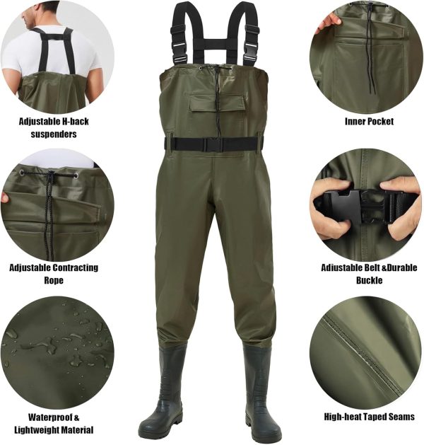 Fishing Chest Waders for Men Nylon PVC Waterproof Fishing Stocking Foot Waders with Boots Hanger and Pockets Green Color - Image 4