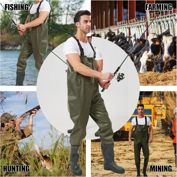 Fishing Chest Waders for Men Nylon PVC Waterproof Fishing Stocking Foot Waders with Boots Hanger and Pockets Green Color - Image 6