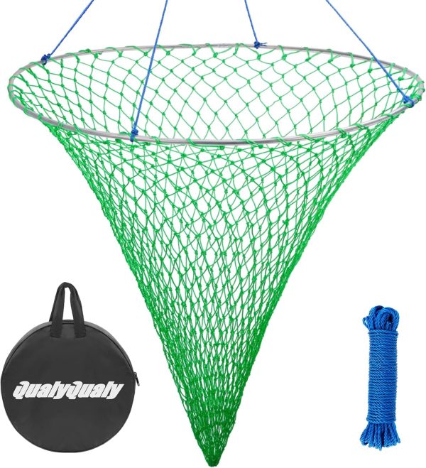 QualyQualy Bridge and Pier Fishing Net, Foldable Drop Net for Pier Fishing with Rope, Landing Net Soft Steel Hoop and Nylon Mesh Net