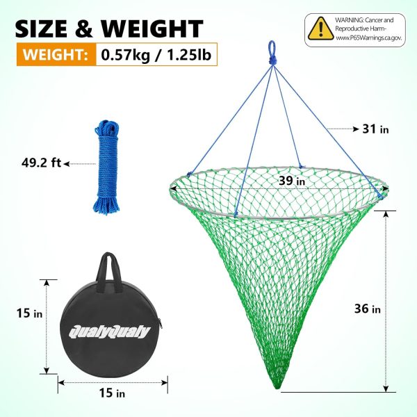 QualyQualy Bridge and Pier Fishing Net, Foldable Drop Net for Pier Fishing with Rope, Landing Net Soft Steel Hoop and Nylon Mesh Net - Image 2