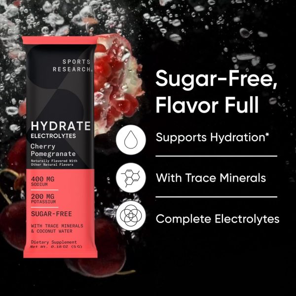 Sports Research Hydrate Electrolytes Powder Packets - Sugar-Free & Naturally Flavored with Vitamins, Minerals, and Coconut Water - Supports Hydration - 16 Packets - Variety Pack - Image 3