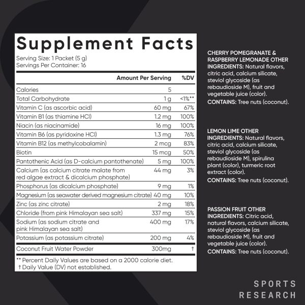 Sports Research Hydrate Electrolytes Powder Packets - Sugar-Free & Naturally Flavored with Vitamins, Minerals, and Coconut Water - Supports Hydration - 16 Packets - Variety Pack - Image 8