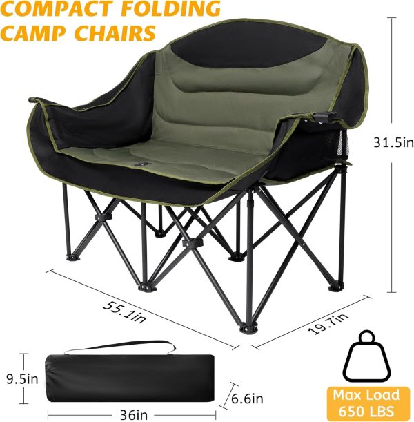 UBALANCE Double Camping Chair for Adults - Heavy Duty 650LBS Portable Camping Chairs Oversized Camping Loveseat, Folding Camping Chair for Garden Lawn Sport Picnic Beach Fishing (Green) - Image 2